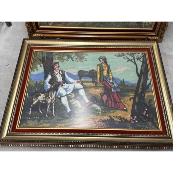 Pair Antique Needlepoints In Beautiful Frames! Couples, Rococo “The Swing” 32x25 - Picture 4 of 6